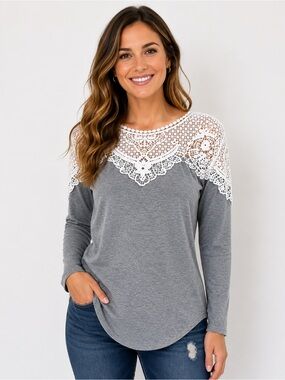 Heather Gray Contrast Lace Long Sleeve Tee